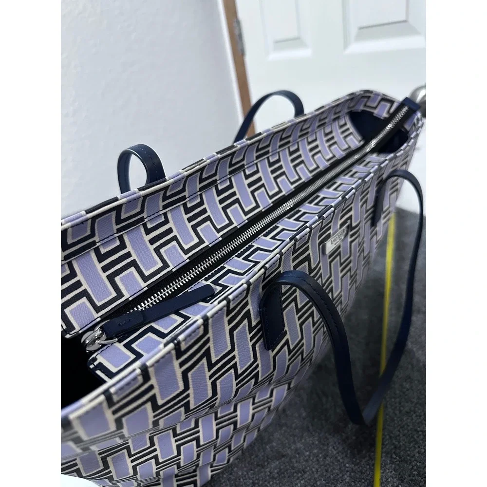 Kate Spade New York Large Geometric Print Coated Canvas Tote Shoulder Bag Navy